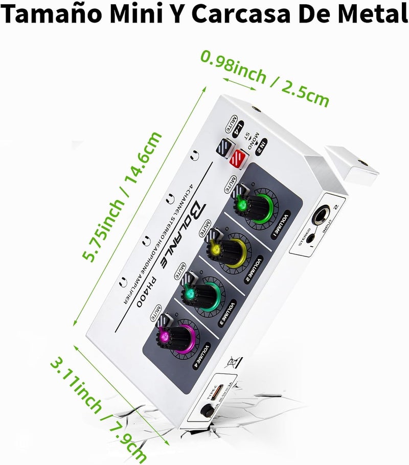 Bolanle PH400 4-Channel Headphone Amp with 8 Output Ports, 3.5mm & 6.35mm Jacks, Mono/Stereo Switch, 7 Color Breathing Light - Image 4